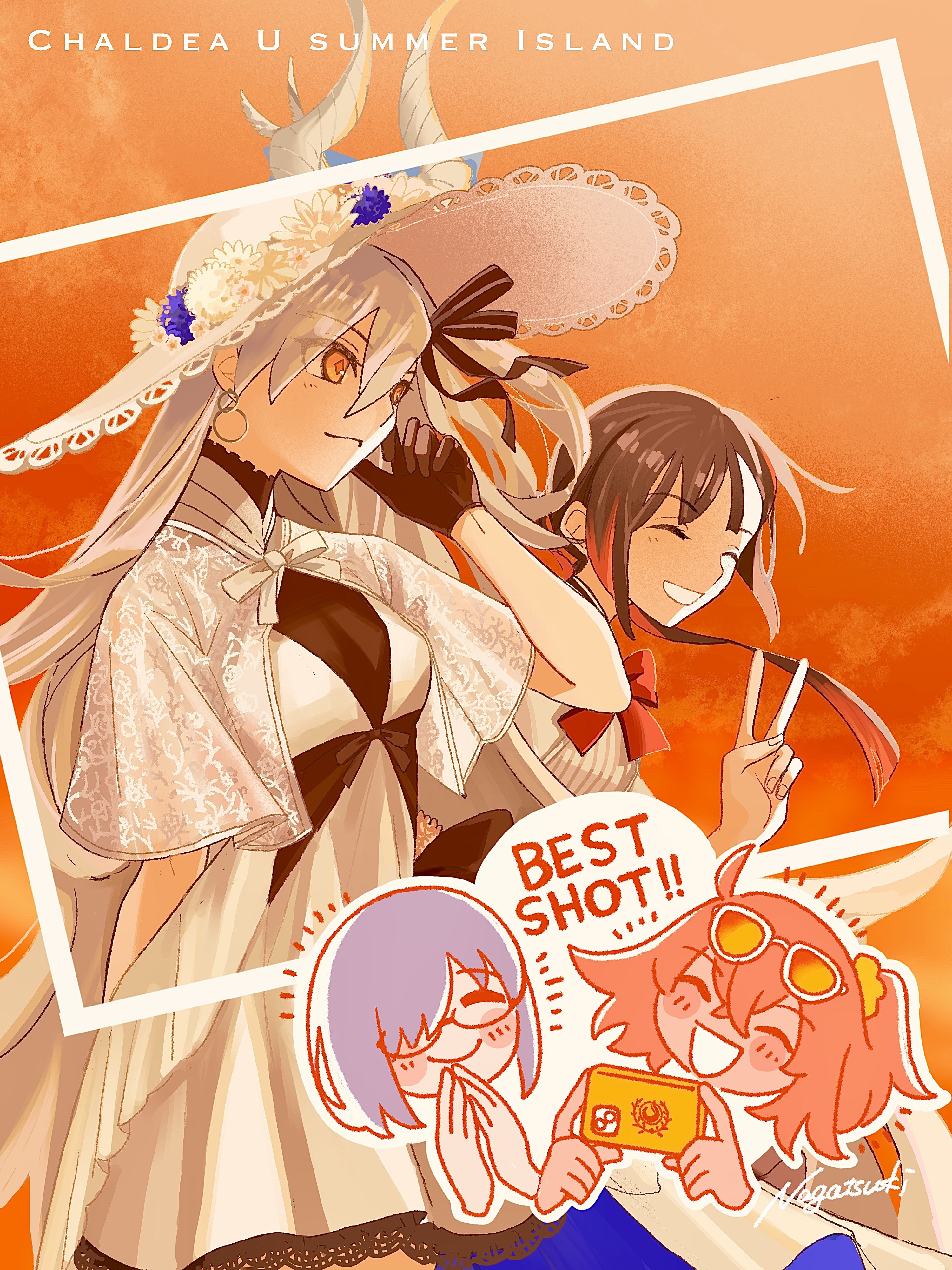 nagatsuki (huwamo9 8ku), fujimaru ritsuka (female), fujimaru ritsuka (female) (tropical summer), jeunesse crane (fate), mash kyrielight, miss crane (fate), olga marie animusphere, u-olga marie, u-olga marie (first ascension), fate/grand order, fate (series), absurdres, commentary request, highres, 4girls, ahoge, black hair, black ribbon, blush stickers, cellphone, chibi, closed eyes, crossed bangs, dress, english text, eyewear on head, floating hair, glasses, grey hair, hair between eyes, hair ornament, hair over one eye, hair ribbon, hair scrunchie, hat, jeunesse crane (second ascension) (fate), long hair, multicolored hair, multiple girls, one eye covered, orange eyes, orange hair, orange sky, outdoors, own hands together, phone, red hair, ribbon, scrunchie, short hair, sky, smile, sun hat, sunglasses, symbol-shaped pupils, twilight, two-tone hair, v, very long hair, white dress, yellow scrunchie