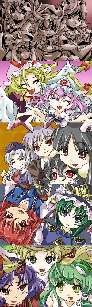 makako, makako (yume bouei shoujo tai), flandre scarlet, houraisan kaguya, inaba tewi, izayoi sakuya, kochiya sanae, moriya suwako, onozuka komachi, patchouli knowledge, reisen udongein inaba, remilia scarlet, saigyouji yuyuko, shiki eiki, yagokoro eirin, yakumo yukari, yasaka kanako, touhou, long image, tall image, 6+girls, animal ears, closed eyes, female focus, multiple girls, rabbit ears, upper body