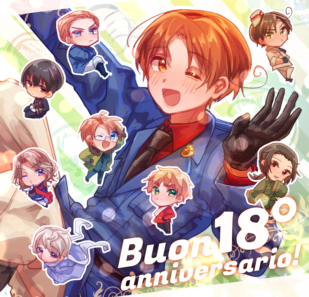 america (hetalia), china (hetalia), france (hetalia), germany (hetalia), japan (hetalia), northern italy (hetalia), russia (hetalia), southern italy (hetalia), united kingdom (hetalia), axis powers hetalia, commentary request, 6+girls, ahoge, aiguillette, anniversary, arms up, baggy pants, belt, black belt, black boots, black gloves, black hair, black jacket, black necktie, black pants, black shoes, blonde hair, blue eyes, blue jacket, blush, boots, bow, breast pocket, brothers, brown boots, brown eyes, brown hair, buttons, chibi, closed mouth, coat, collared jacket, collared shirt, crossed arms, crossed legs, everyone, facial hair, floating clothes, formal clothes, from side, gloves, green background, green jacket, green pants, hair between eyes, hand on own hip, happy anniversary, hat, italian text, jacket, lapels, long sleeves, looking at viewer, male focus, military hat, military jacket, military uniform, mini hat, multiple boys, multiple girls, natsunohanabi, necktie, one eye closed, open mouth, orange eyes, orange hair, pants, pink bow, pink sash, pocket, purple coat, purple eyes, red jacket, red shirt, sash, scarf, seiza, shirt, shoes, short hair, siblings, sitting, smile, striped background, suit, suit jacket, twins, wavy hair, white gloves, white hair, white pants, white sash, white scarf, wide sleeves, yellow belt, yellow hat, yellow pants, yellow shirt