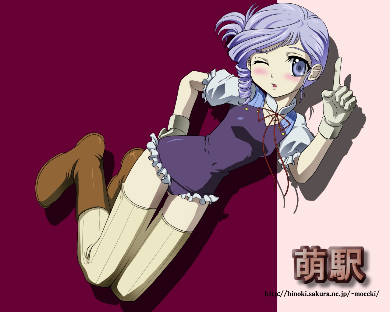 lumiere (kiddy grade), kiddy grade, 00s, blush, boots, gloves, leotard, one eye closed, solo, thighhighs, wink, wristband