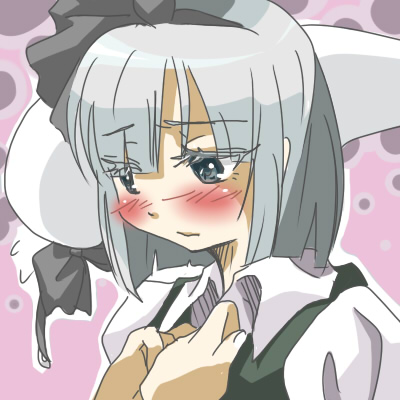 makako, makako (yume bouei shoujo tai), konpaku youmu, konpaku youmu (ghost), touhou, lowres, 1girl, blush, bob cut, bow, colored eyelashes, eyelashes, female focus, grey eyes, grey hair, hairband, hands on own chest, hitodama, mouth hold, solo, white hair