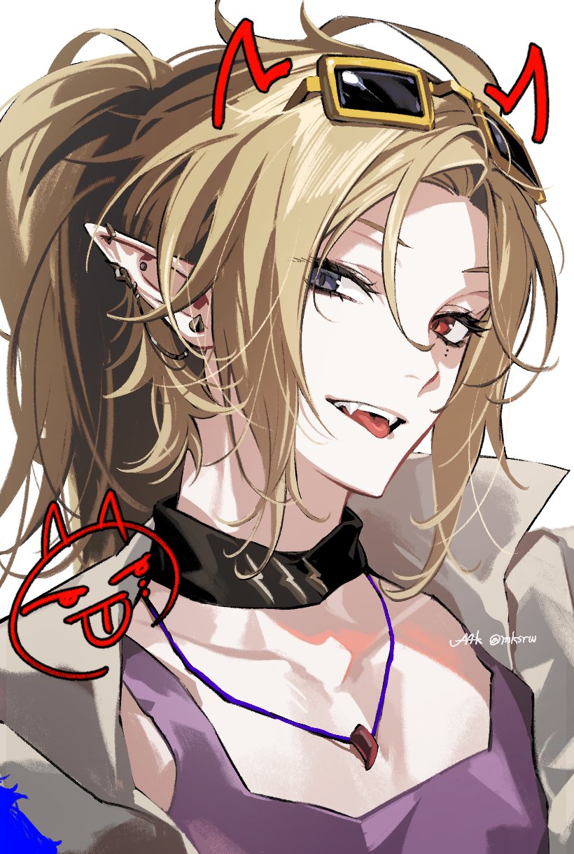 maka (mksrw), hugo vlad, zenless zone zero, hashtag-only commentary, highres, 1boy, ahoge, black choker, blonde hair, choker, collared shirt, drawn horns, ear piercing, earrings, emoji, eyelashes, eyewear on head, fangs, gold earrings, grey eyes, heterochromia, high ponytail, jewelry, linked piercing, long hair, looking at viewer, male focus, mole, mole under eye, necklace, official alternate costume, open clothes, open mouth, open shirt, parted bangs, piercing, pointy ears, ponytail, purple tank top, red eyes, shirt, sidelocks, simple background, smile, solo, sunglasses, tank top, teeth, tongue, tongue out, upper body, upper teeth only, white background, white shirt, yellow-framed eyewear