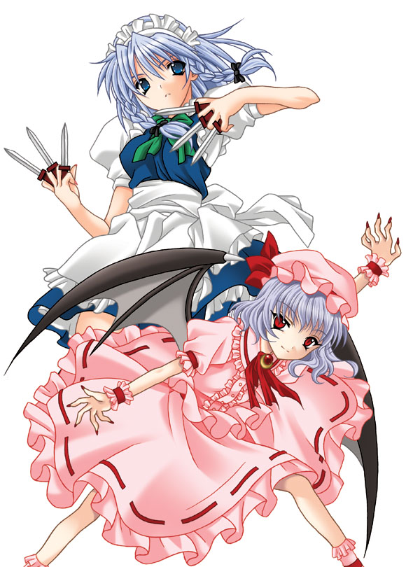 rikky, izayoi sakuya, remilia scarlet, touhou, 2girls, bat wings, between fingers, blouse, blue eyes, blue hair, braid, female focus, hat, holding, knife, legs apart, maid, mob cap, multiple girls, pink shirt, red eyes, ribbon-trimmed skirt, ribbon trim, shirt, side braid, simple background, socks, throwing knife, twin braids, weapon, white background, wings, wrist cuffs, wristband