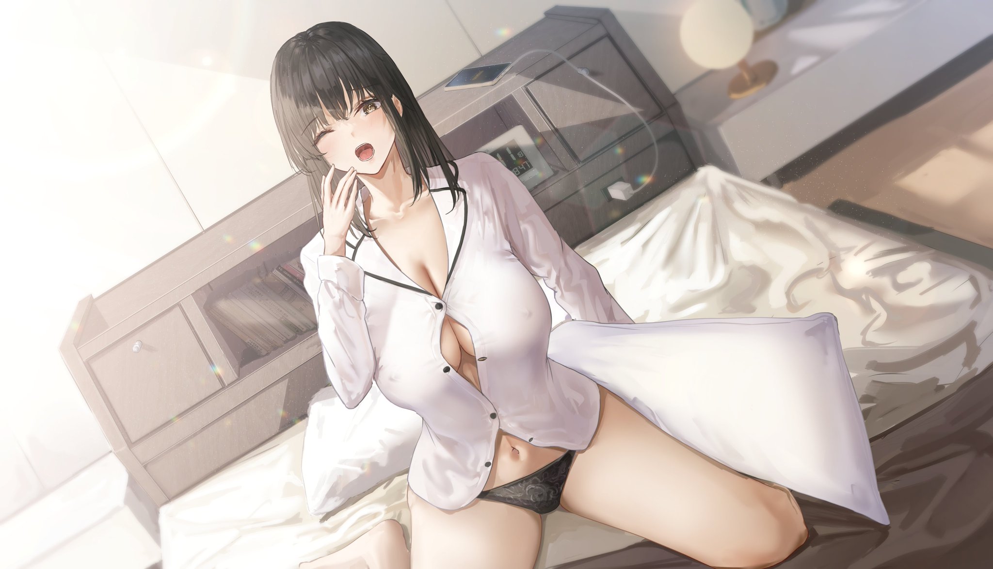 aruhi (pyxk7325), original, highres, 1girl, bed, bedroom, black hair, black panties, breasts, cellphone, cleavage, clock, covered erect nipples, digital clock, electric plug, lamp, morning, nightstand, no bra, pajamas, panties, phone, pillow, smartphone, straight hair, underwear, yawning, yellow eyes