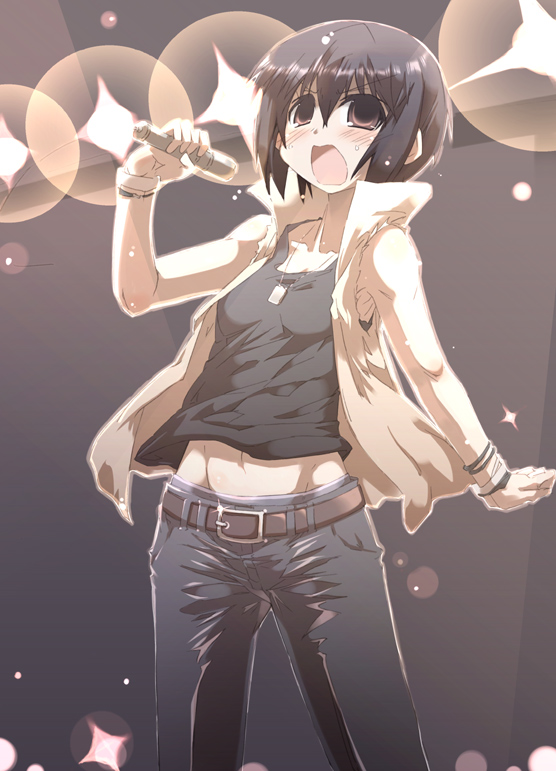 tokyo (great akuta), minami touma, minami-ke, 00s, microphone, midriff, short hair, solo, stage