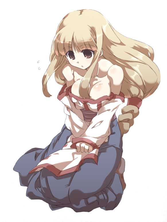 tokyo (great akuta), lieza (arc the lad), arc the lad, arc the lad i, 1girl, blonde hair, breasts, cleavage, female focus, long hair, low-tied long hair, solo, white background