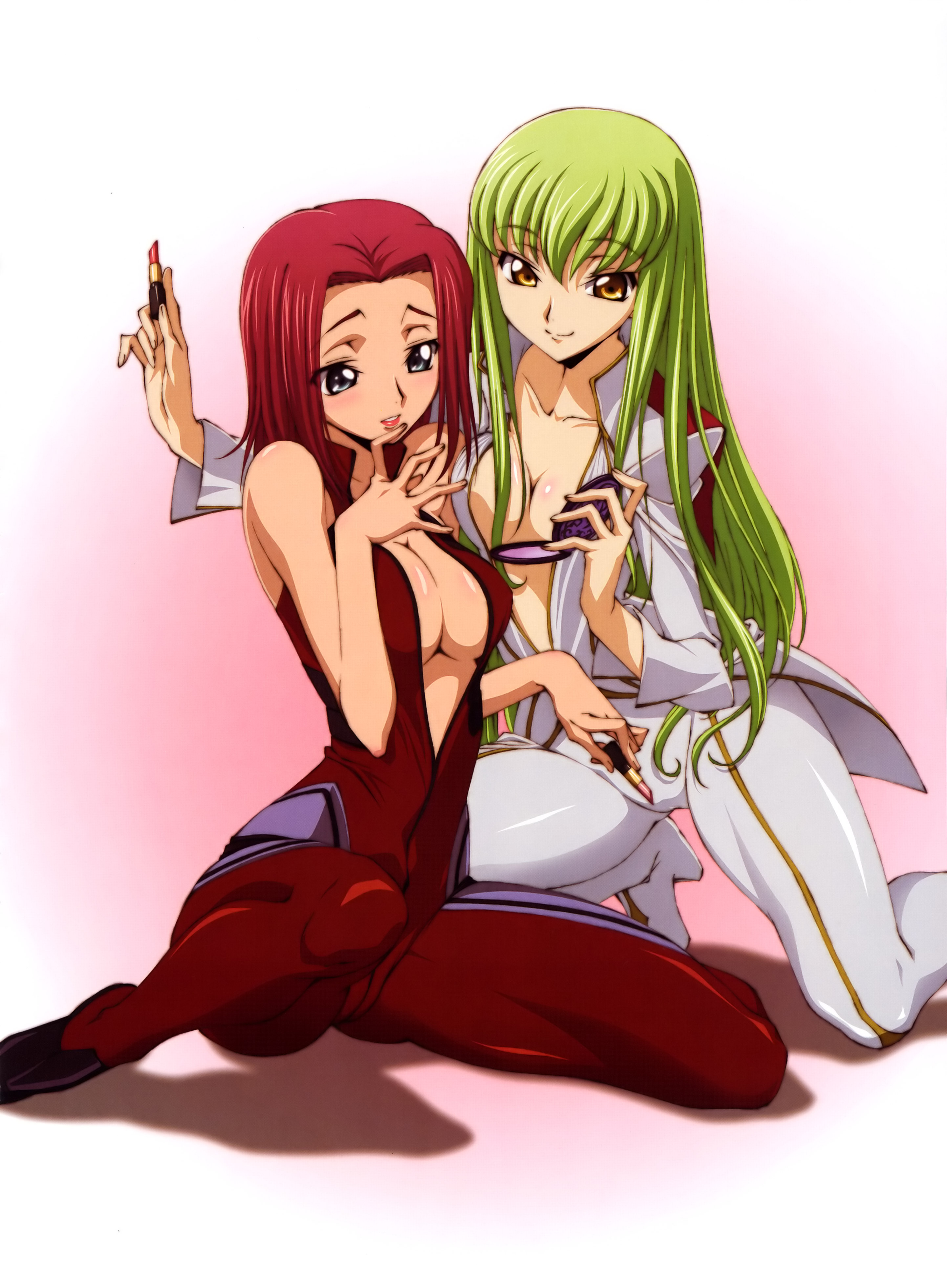 tabata hisayuki, c.c., kouzuki kallen, code geass, absurdres, highres, official art, 00s, 2girls, :d, blue eyes, blush, body blush, bodysuit, breasts, cleavage, compact (cosmetics), cosmetics, green hair, high heels, kneeling, lipstick, lipstick tube, long hair, looking at viewer, makeup, multiple girls, no bra, open clothes, open mouth, open shirt, pinky out, red hair, shadow, shirt, shoes, short hair, sitting, skin tight, sleeveless, smile, spread legs, very long hair, yellow eyes