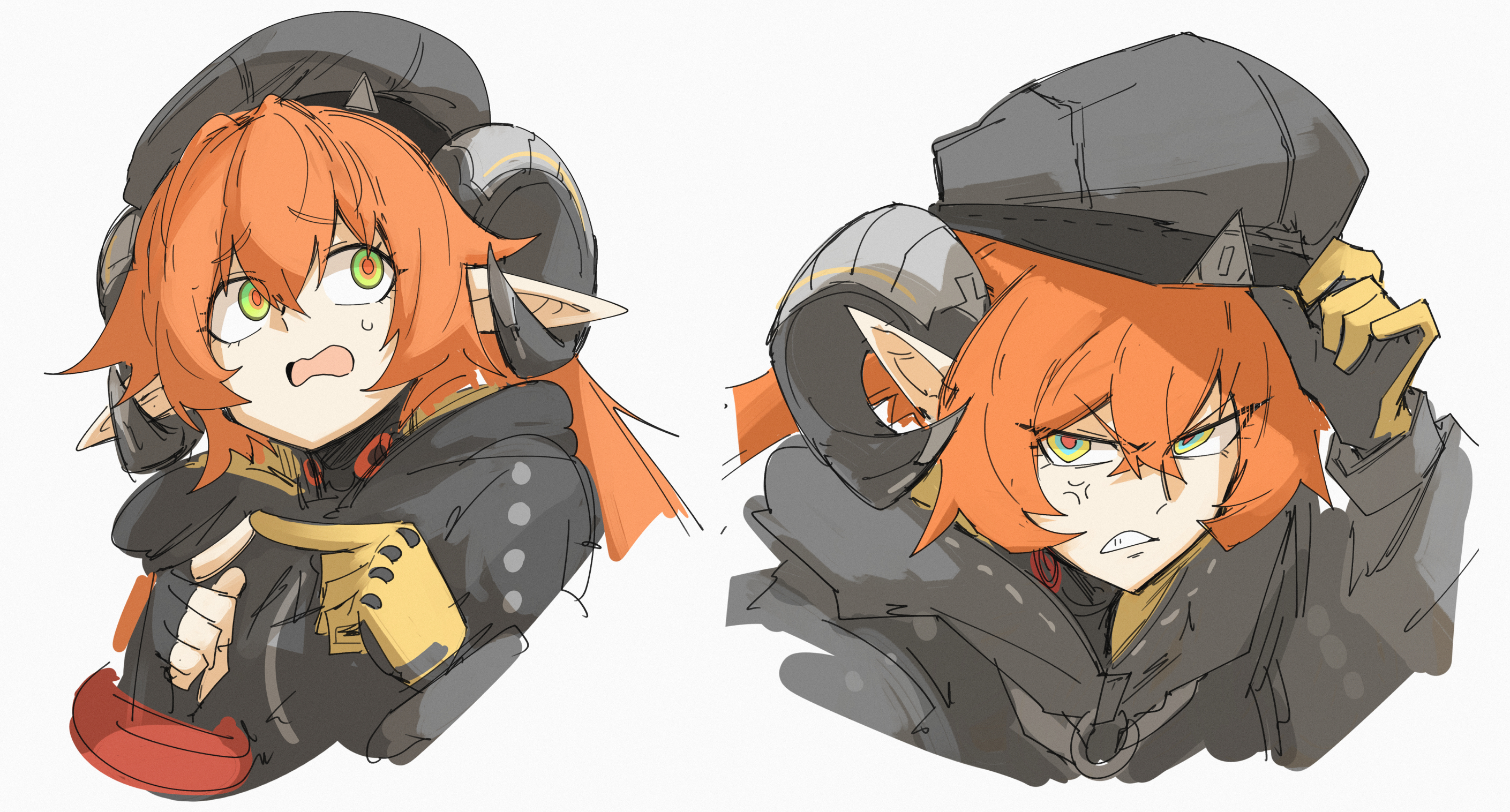 kankan33333, orphie magnusson, zenless zone zero, highres, angry, black gloves, black hat, gloves, goat horns, green eyes, hat, horns, looking at viewer, open mouth, orange hair, pointy ears, twintails, upper body, worried