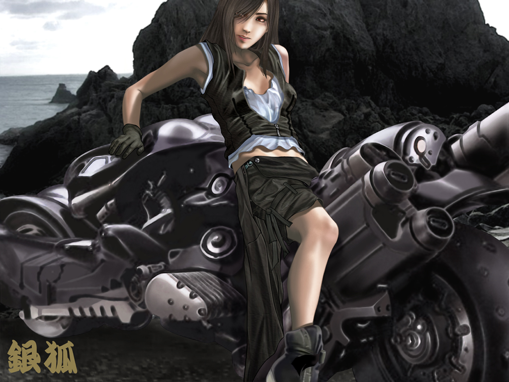 silverfox, tifa lockhart, final fantasy, final fantasy vii, final fantasy vii advent children, vehicle, 00s, 1990s (style), 1girl, black hair, female focus, fenrir (vehicle), motor vehicle, motorcycle, outdoors, red eyes, retro artstyle, sky, solo