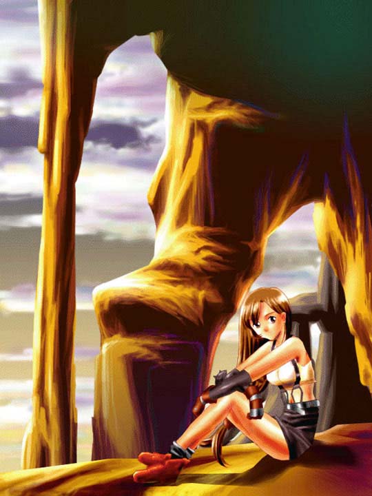 tifa lockhart, final fantasy, final fantasy vii, tagme, 1990s (style), long hair, retro artstyle, scenery, sitting, solo, very long hair