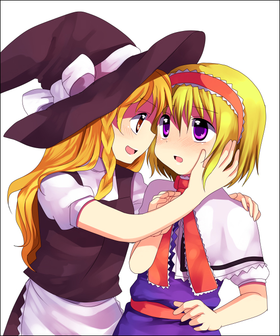 subaru (yachika), alice margatroid, kirisame marisa, touhou, 2girls, blonde hair, blue dress, blush, braid, capelet, dress, embarrassed, eye contact, female focus, hairband, hand on another's face, happy, hat, hat ribbon, hug, imminent kiss, long hair, looking at another, multiple girls, naughty face, open mouth, purple eyes, red eyes, ribbon, short hair, shy, single braid, smile, witch, witch hat, yuri