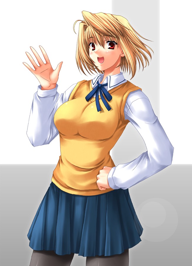 miyai sen, arcueid brunestud, tsukihime, 00s, blonde hair, pantyhose, school uniform, serafuku, solo