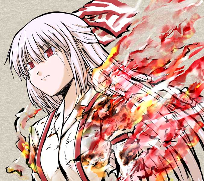 tsuyadashi shuuji, fujiwara no mokou, touhou, silver hair, 1girl, bow, crying, crying with eyes open, female focus, fire, hair bow, red eyes, solo, suspenders, tears