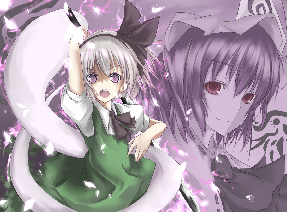 sasaki kouhei, konpaku youmu, konpaku youmu (ghost), saigyouji yuyuko, touhou, silver hair, bad id, bad pixiv id, 2girls, female focus, ghost, hairband, hat, hitodama, japanese clothes, katana, kimono, multiple girls, ribbon, short hair, sword, weapon