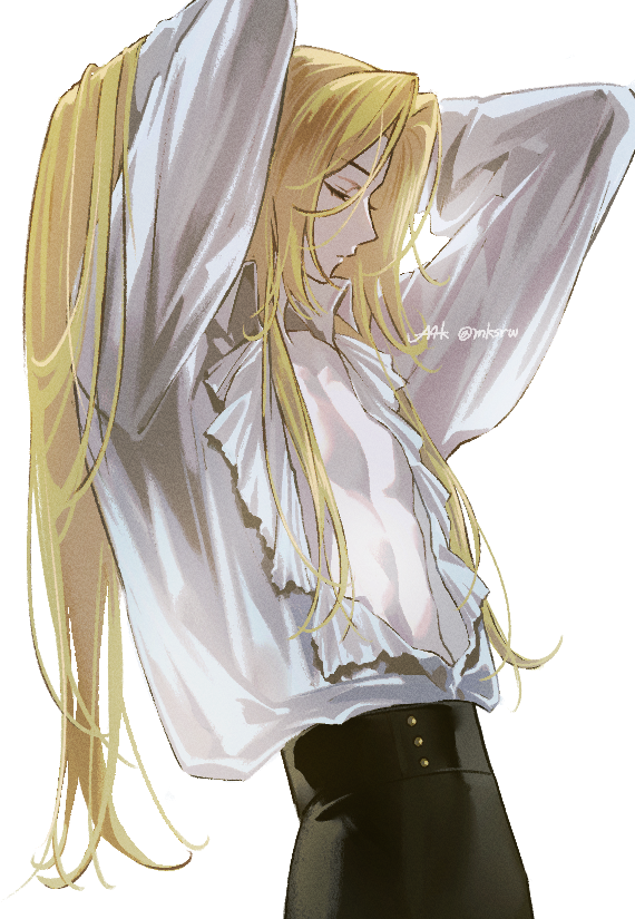 maka (mksrw), hugo vlad, zenless zone zero, commentary, symbol-only commentary, 1boy, arms behind head, arms up, artist name, black pants, blonde hair, center opening, closed eyes, closed mouth, collared shirt, expressionless, eyelashes, frilled shirt, frills, hair lift, high-waist pants, long hair, long sleeves, male focus, pants, parted bangs, pectoral cleavage, pectorals, shirt, sidelocks, signature, simple background, solo, twitter username, very long hair, white background, white shirt