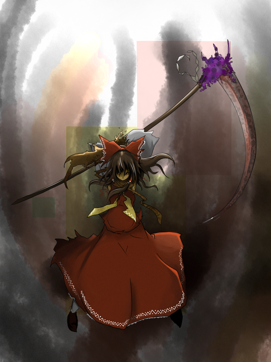 sharurii, hakurei reimu, touhou, highres, 1girl, female focus, gradient background, japanese clothes, long hair, miko, ribbon, scythe, skirt, solo