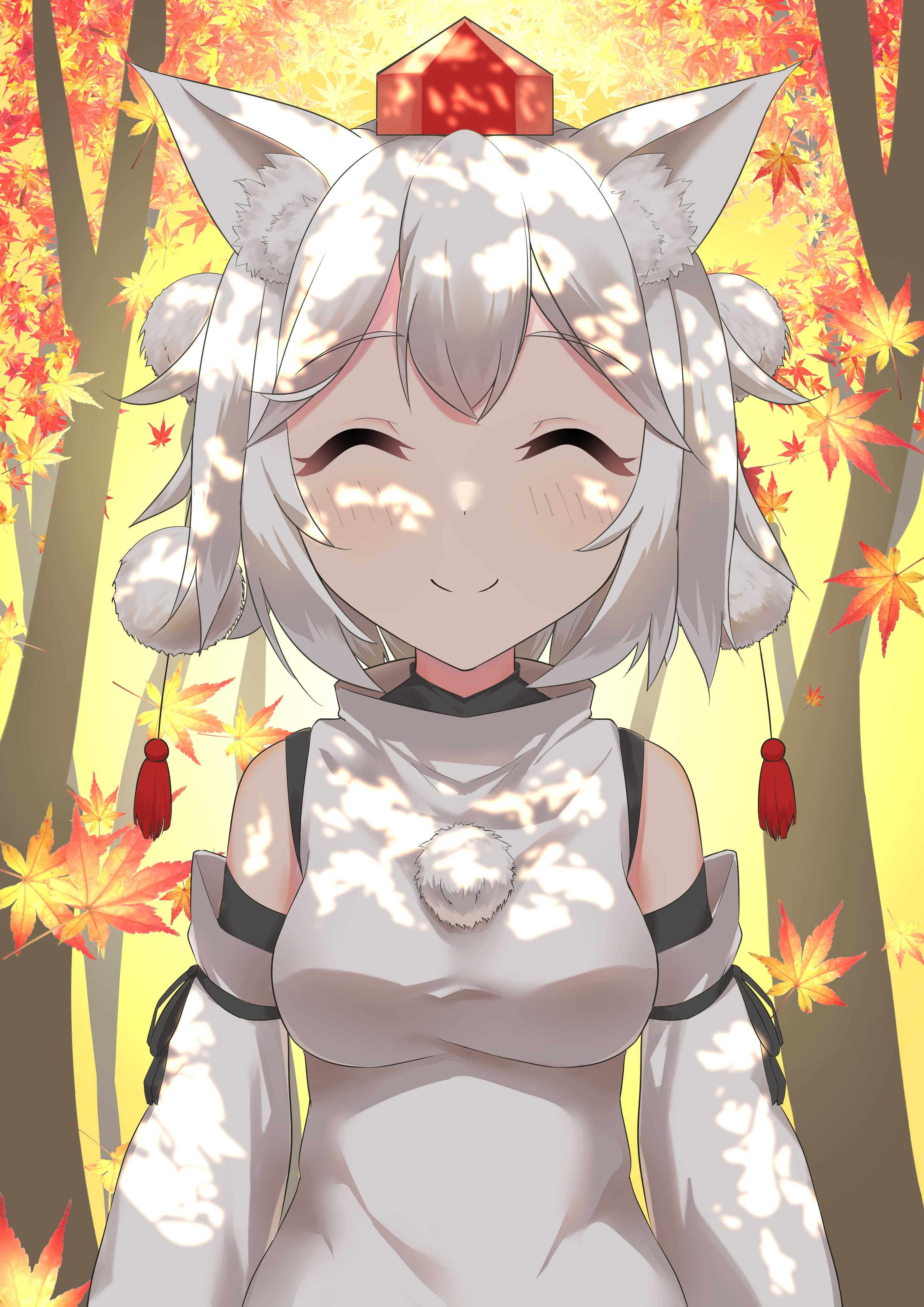 ambasa, inubashiri momiji, touhou, absurdres, commentary request, highres, partial commentary, 1girl, ^ ^, animal ear fluff, animal ears, black ribbon, black trim, breasts, closed eyes, closed mouth, crossed bangs, dappled sunlight, detached sleeves, double-parted bangs, hat, in shadow, leaf, long sleeves, maple leaf, maple tree, medium breasts, medium hair, outdoors, pom pom (clothes), red hat, ribbon, ribbon-trimmed sleeves, ribbon trim, shirt, sky, smile, solo, split mouth, sunlight, tokin hat, tree, upper body, white hair, white shirt, wolf ears, wolf girl, yellow sky