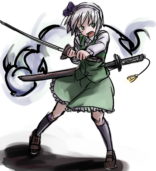 engacho (sitosinn), konpaku youmu, konpaku youmu (ghost), touhou, 1girl, female focus, ghost, hairband, hitodama, katana, ribbon, school uniform, serafuku, short hair, solo, sword, weapon
