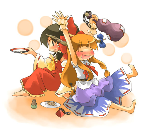ara ta, harada (sansei rain), hakurei reimu, ibuki suika, touhou, bad id, bad pixiv id, 2girls, alcohol, barefoot, black hair, chain, cup, drunk, female focus, horns, japanese clothes, long hair, miko, multiple girls, orange hair, ribbon, sakazuki, sake