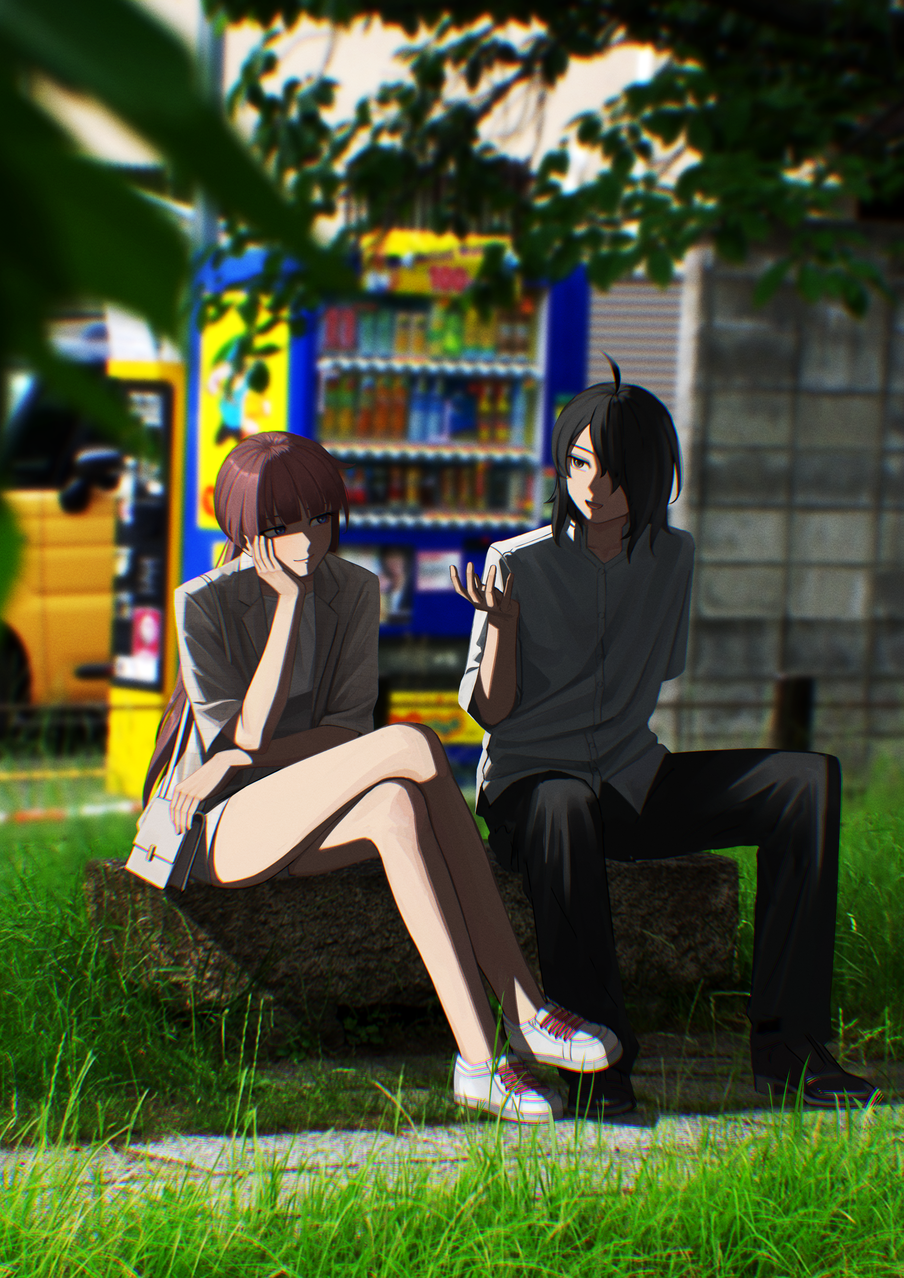 nemo ringo, araragi koyomi, senjougahara hitagi, monogatari (series), absurdres, commentary, highres, symbol-only commentary, 1boy, 1girl, ahoge, bag, bare legs, black hair, black pants, black shoes, crossed legs, grass, grey jacket, grey shorts, hair over one eye, hand up, head rest, jacket, legs, long hair, looking at another, medium hair, official alternate costume, open mouth, outdoors, pants, photo background, ponytail, purple hair, shadow, shinobumonogatari, shoes, short shorts, short sleeves, shorts, shoulder bag, sitting, sneakers, vending machine, very long hair, white shoes