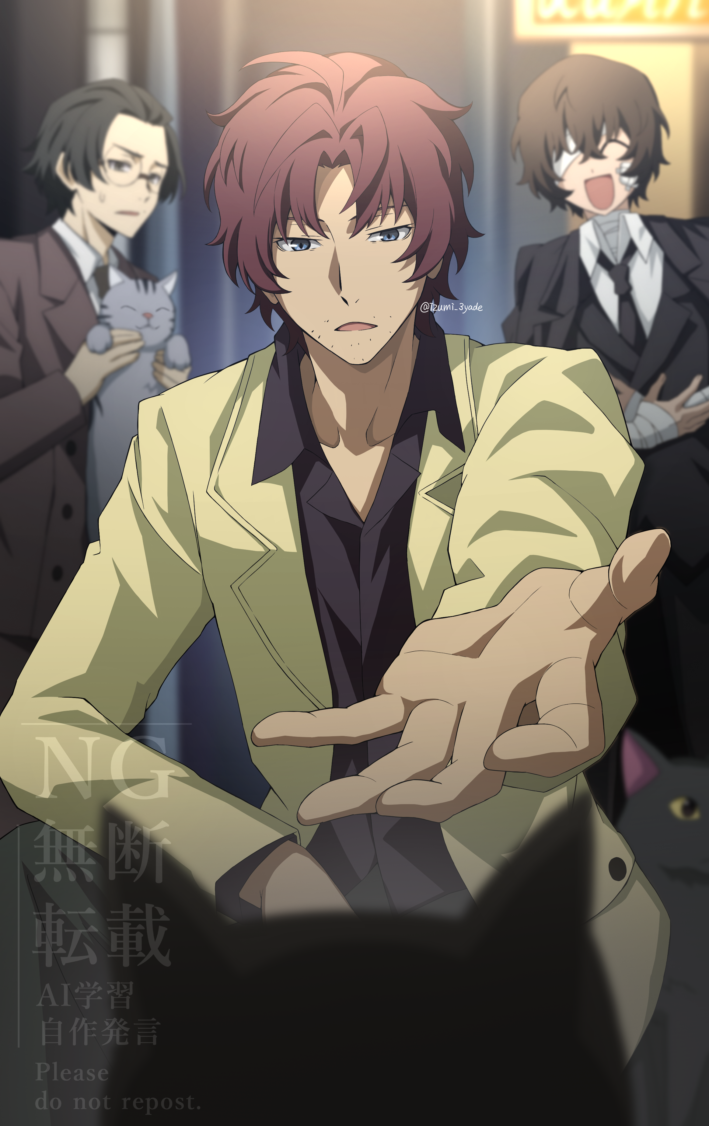 izumi 3yade, dazai osamu (bungou stray dogs), oda sakunosuke (bungou stray dogs), sakaguchi ango, bungou stray dogs, absurdres, commentary request, highres, 3boys, ^ ^, animal, bandaged hand, bandaged head, bandages, black jacket, black necktie, black shirt, blue eyes, blurry, blurry background, brown eyes, brown hair, cat, closed eyes, collared shirt, facial hair, glasses, hair over one eye, hair slicked back, holding, holding animal, holding cat, jacket, jacket on shoulders, male focus, multiple boys, necktie, official style, parody, parted lips, reaching, reaching towards viewer, red hair, shirt, short hair, stubble, style parody, watermark, white shirt, yellow jacket