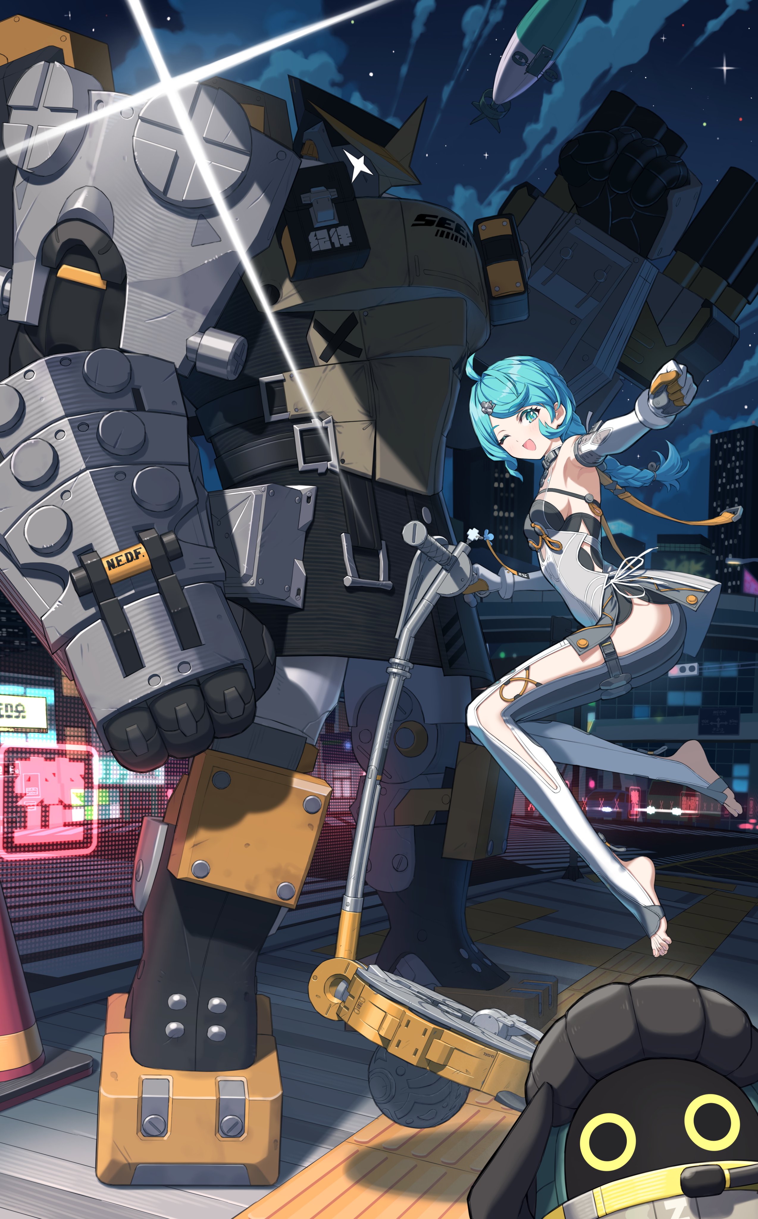 samaru (seiga), bangboo (zenless zone zero), seed (zenless zone zero), seed sr., zenless zone zero, absurdres, commentary, english commentary, highres, second-party source, 1girl, 1other, ahoge, aqua eyes, armpits, bare shoulders, blue hair, breasts, clothing cutout, elbow gloves, full body, gloves, long hair, looking at viewer, mecha, mercury (zenless zone zero), no shoes, open mouth, robot, smile, stirrup legwear, toeless legwear, toes, two-tone gloves, white gloves, yellow gloves