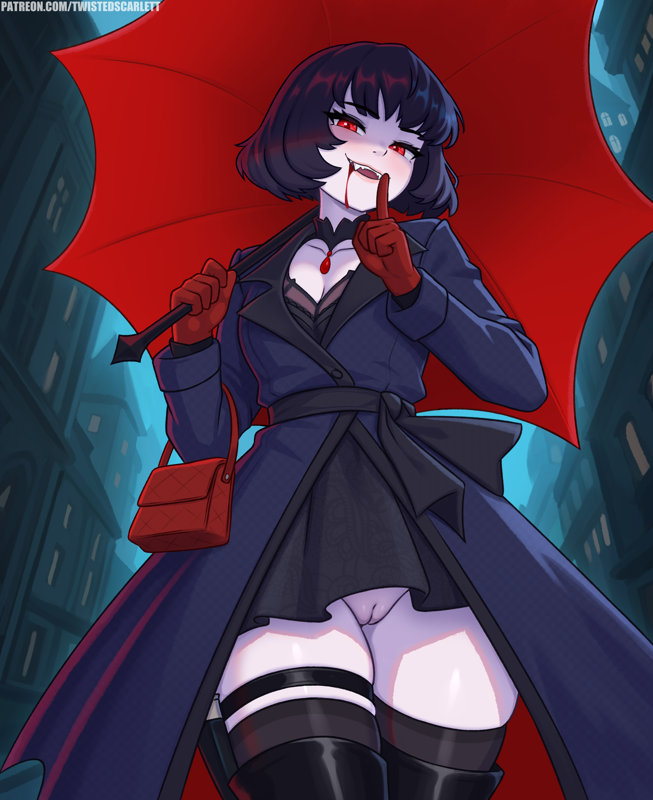 twistedscarlett60, deadlock (game), commentary, english commentary, highres, 1girl, black hair, black skirt, black thighhighs, blood, blood on face, blue jacket, city, cleft of venus, finger to mouth, gloves, holding, holding umbrella, index finger raised, jacket, looking at viewer, mina (deadlock), no panties, open mouth, outdoors, patreon username, pussy, red eyes, red gloves, red umbrella, short hair, shushing, skirt, thighhighs, thighs, umbrella, uncensored, vampire