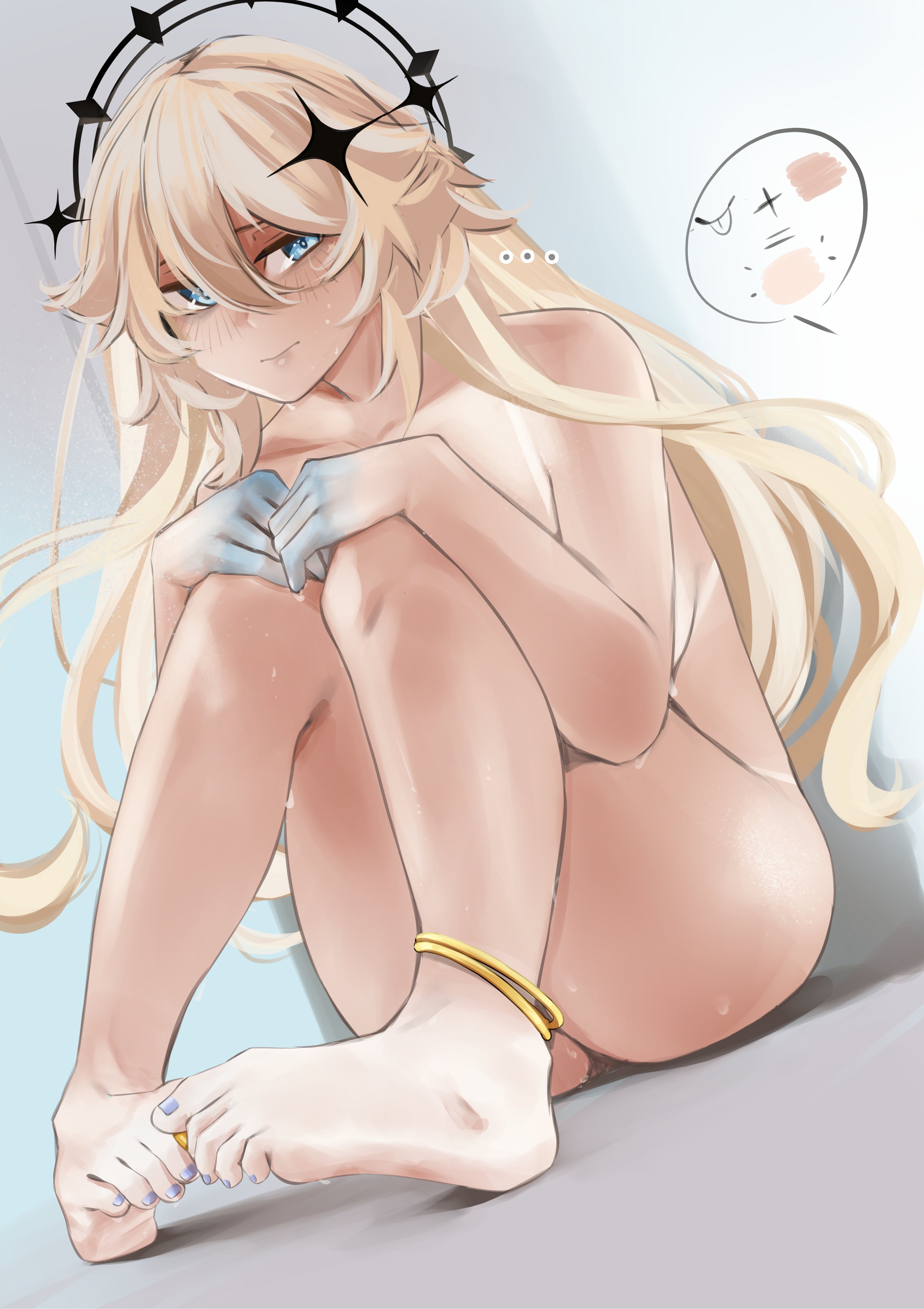 pupi (rain prophet), kaneko lumi, phase connect, absurdres, highres, …, 1girl, barefoot, bikini tan, black halo, blonde hair, blue eyes, breasts, closed mouth, collarbone, convenient leg, dutch angle, embarrassed, eyelashes, feet, full body, gold anklet, grey background, hair between eyes, halo, hands on own knees, jewelry, knees up, large breasts, legs, long hair, looking at viewer, nail polish, nude, purple nails, shadow, sidelocks, simple background, sitting, soles, solo, tan, tanline, toe ring, toenail polish, toenails, toes, very long hair, virtual youtuber