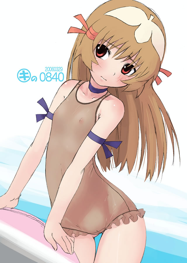 kei jiei, re mii, zoids, zoids genesis, 00s, 1girl, blush, brown hair, brown one-piece swimsuit, cameltoe, cleft of venus, cowboy shot, female focus, flat chest, loli, long hair, nipples, one-piece swimsuit, pussy, red eyes, see-through clothes, solo, swimsuit