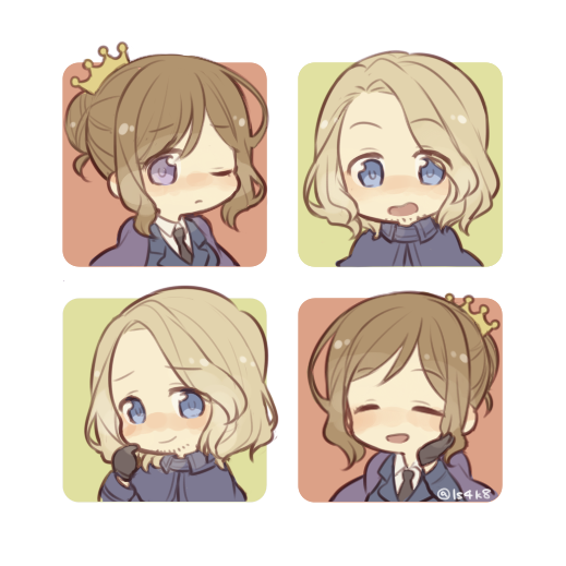 saku anna, france (hetalia), axis powers hetalia, 1boy, 1girl, artist name, black gloves, black necktie, blonde hair, blue eyes, blue jacket, blush, border, brown hair, cape, capelet, closed eyes, closed mouth, collared capelet, collared shirt, crown hair ornament, dual persona, facial hair, france (female) (hetalia), genderswap, genderswap (mtf), gloves, green background, hair bun, hair ornament, hand on own face, hand up, jacket, lapels, long sleeves, looking at viewer, military jacket, military uniform, multiple views, necktie, one eye closed, open mouth, purple cape, purple capelet, red background, shirt, short hair, sidelocks, simple background, smile, upper body, white border, white shirt