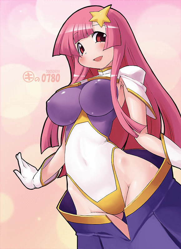kei jiei, meer campbell, tachibana rei, gundam, gundam seed, gundam seed destiny, pani poni dash!, 1girl, breasts, cosplay, covered erect nipples, female focus, gloves, hair ornament, highleg, highleg leotard, large breasts, leotard, long hair, meer campbell (cosplay), pink hair, red eyes, solo, star (symbol), star hair ornament