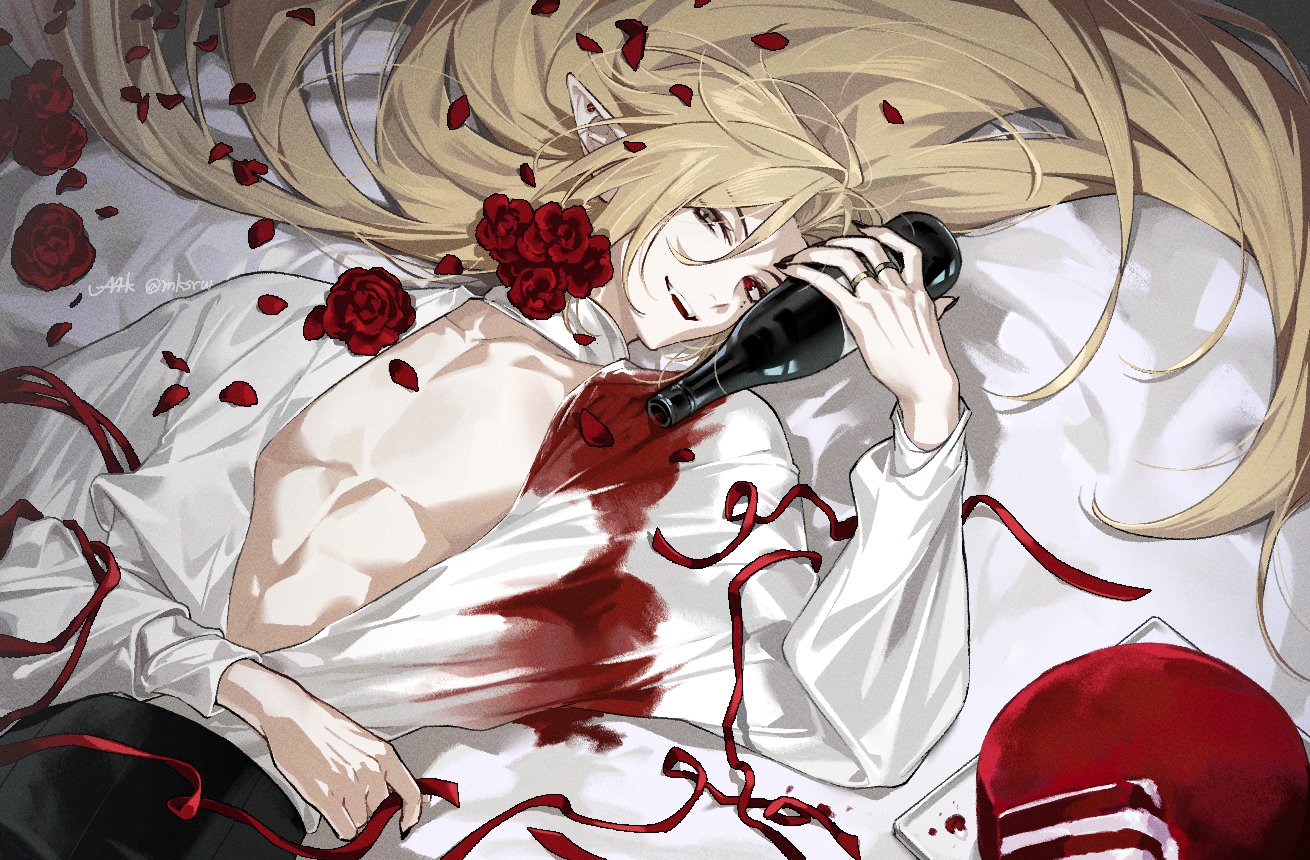 maka (mksrw), hugo vlad, zenless zone zero, commentary, symbol-only commentary, 1boy, :d, ahoge, alcohol, artist name, bed sheet, black nails, blonde hair, bottle, cake, center opening, collarbone, confetti, ear piercing, fangs, fingernails, flower, food, grey eyes, hair spread out, hand up, heterochromia, holding, holding bottle, jewelry, long fingernails, long hair, long sleeves, looking at viewer, lying, male focus, mole, mole under eye, multiple rings, nail polish, on back, open mouth, parted bangs, pectoral cleavage, pectorals, petals, piercing, pointy ears, red eyes, red flower, red rose, red wine, ring, rose, rose petals, shirt, sidelocks, signature, smile, solo, stain, stained clothes, streamers, teeth, tray, twitter username, upper teeth only, very long hair, white shirt, wine, wine bottle