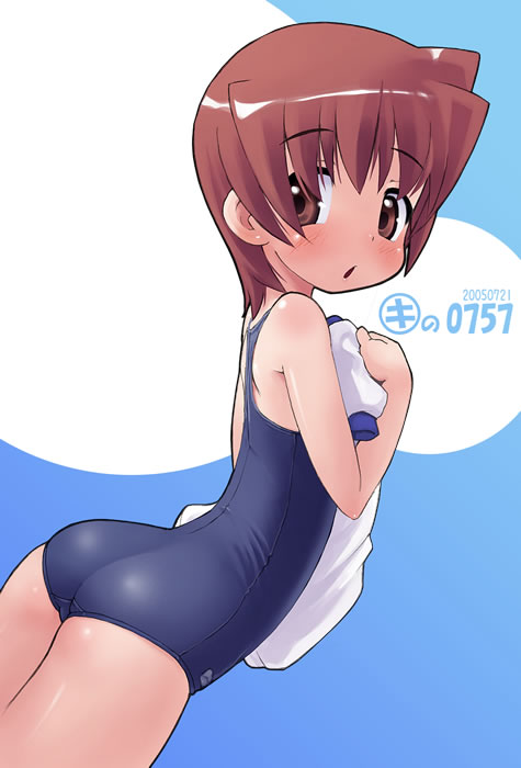 kei jiei, arched back, ass, back, brown eyes, brown hair, gym uniform, holding shirt, holding unworn clothes, looking back, one-piece swimsuit, school swimsuit, shirt, short hair, solo, swimsuit, unworn shirt