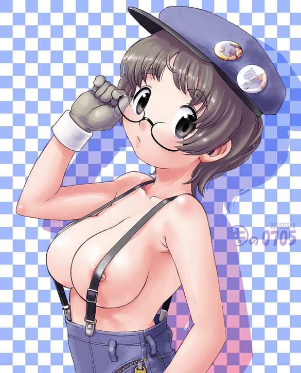 kei jiei, silver hair, 1girl, adjusting eyewear, black eyes, blush, breasts, female focus, glasses, gloves, hat, naked suspenders, nipple slip, nipples, no bra, revealing clothes, short hair, solo, suspenders, topless female