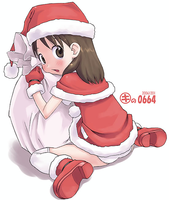 kei jiei, ayase ena, yotsubato!, 1girl, blush, brown eyes, brown hair, capelet, christmas, dress, female focus, fur trim, gloves, hat, long hair, looking at viewer, looking back, no pants, panties, red gloves, sack, santa costume, santa hat, sitting, solo, thighhighs, underwear, wariza, white background, white panties, white thighhighs