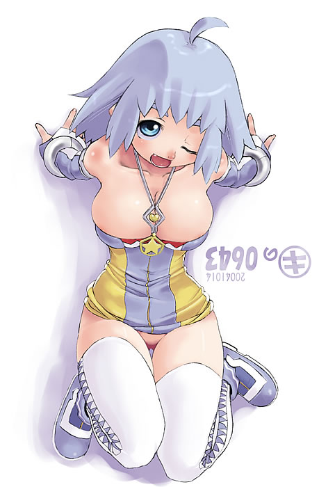 kei jiei, cuoretti, original, 1girl, ahoge, blue eyes, blue hair, bottomless, bracelet, breasts, cleavage, elbow gloves, female focus, gloves, huge breasts, jewelry, matching hair/eyes, necklace, no panties, no pussy, one eye closed, solo, thighhighs, white thighhighs, wink