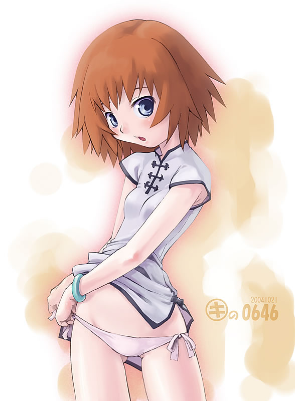 kei jiei, rosetta passel, kaleido star, 00s, blue eyes, blush, bracelet, brown hair, china dress, chinese clothes, clothes lift, dress, dress lift, flat chest, jewelry, loli, panties, short hair, side-tie panties, underwear
