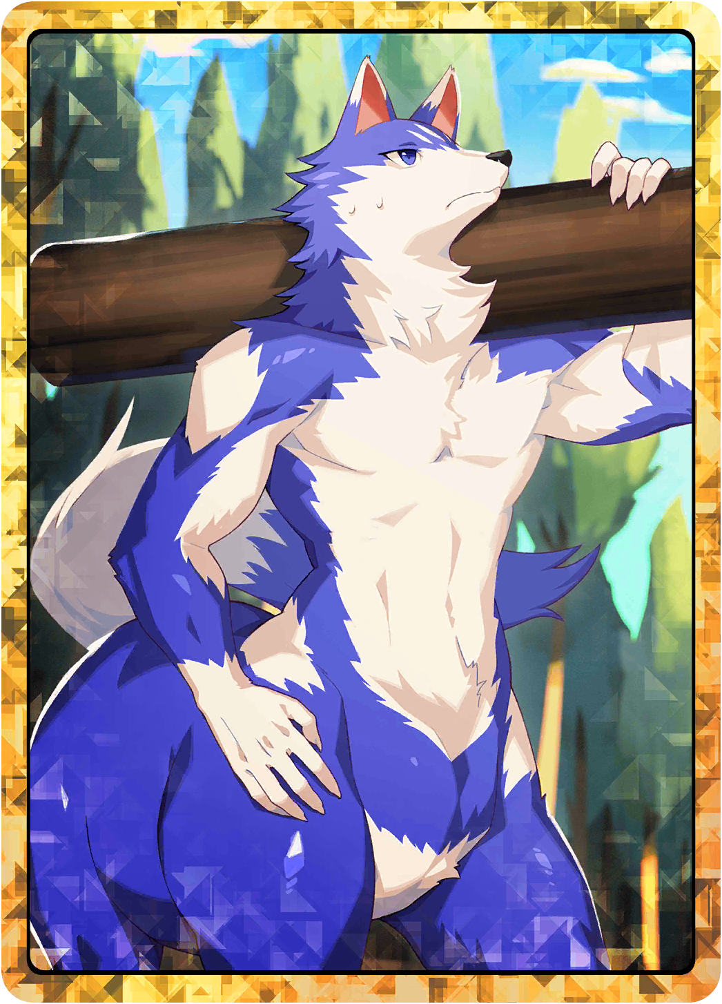 centaur (monster farm), line: monster farm, monster farm, official art, blue fur, celious (monster farm), centauroid, furry, lifting log, monster, sweat, taur