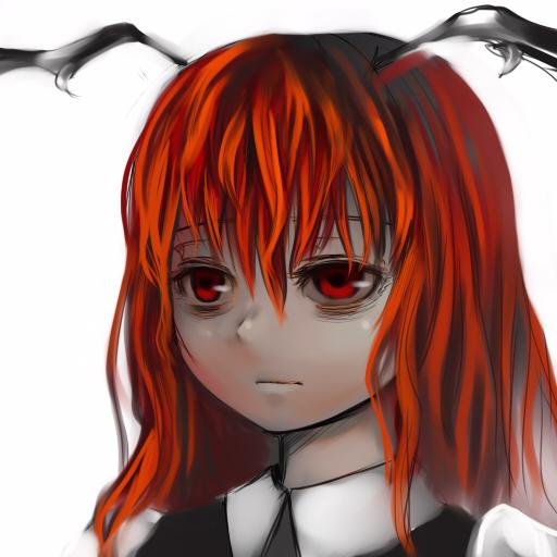 koakuma, embodiment of scarlet devil, touhou, 1girl, bags under eyes, collared shirt, demon girl, female focus, head wings, portrait, red eyes, red hair, shirt, simple background, solo, white background, wings