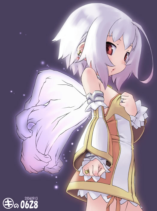 kei jiei, penne, ahoge, albino, detached sleeves, earrings, jewelry, red eyes, ring, short hair, solo, white hair, wings