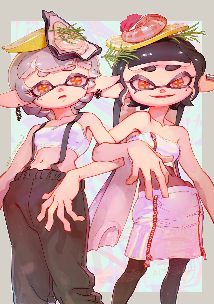 cokeshi, callie (splatoon), callie (summer nights) (splatoon), marie (splatoon), marie (summer nights) (splatoon), nintendo, splatoon (series), splatoon 3, 2girls, baggy pants, black hair, blue background, blunt bangs, bodystocking, border, collarbone, cowboy shot, ear piercing, food, fruit, grey border, grey hair, inkling, lemon, lemon slice, locked arms, long hair, looking at viewer, mole, mole under eye, multiple girls, navel, official alternate costume, oyster, pants, piercing, pointy ears, shrimp, skirt, smile, strapless, suspenders, tank top, tentacle hair, tube top, twintails, yellow eyes, zipper, zipper pull tab, zipper skirt