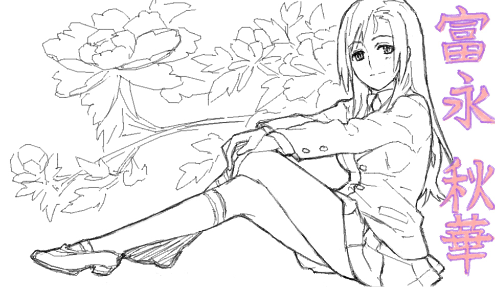 shirogane (fox), 1girl, blazer, female focus, jacket, kneehighs, long hair, monochrome, school uniform, sketch, socks, solo