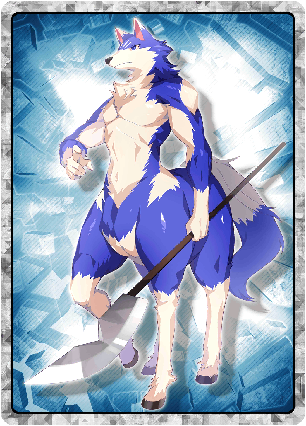 centaur (monster farm), line: monster farm, monster farm, official art, blue fur, celious (monster farm), centauroid, monster, polearm, spear, taur, weapon