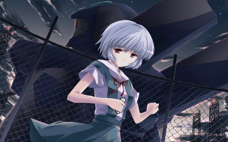 ryoumoto ken, ayanami rei, eva 00, neon genesis evangelion, 1girl, blue hair, female focus, red eyes, school uniform, serafuku, short hair, solo