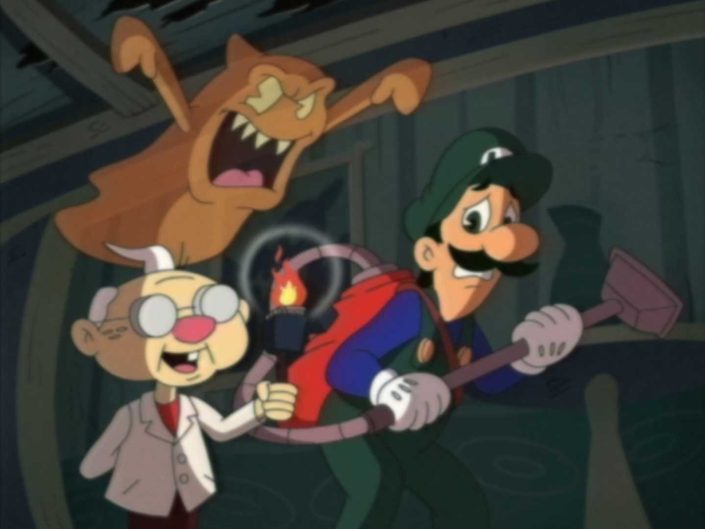 luigi, professor elvin gadd, luigi's mansion, mario (series), nintendo, the super mario bros. super show!, facial hair, ghost, glasses, hat, lab coat, mansion, mustache, old, old man, overalls, poltergust 3000, same8189, scared, smile, vacuum cleaner