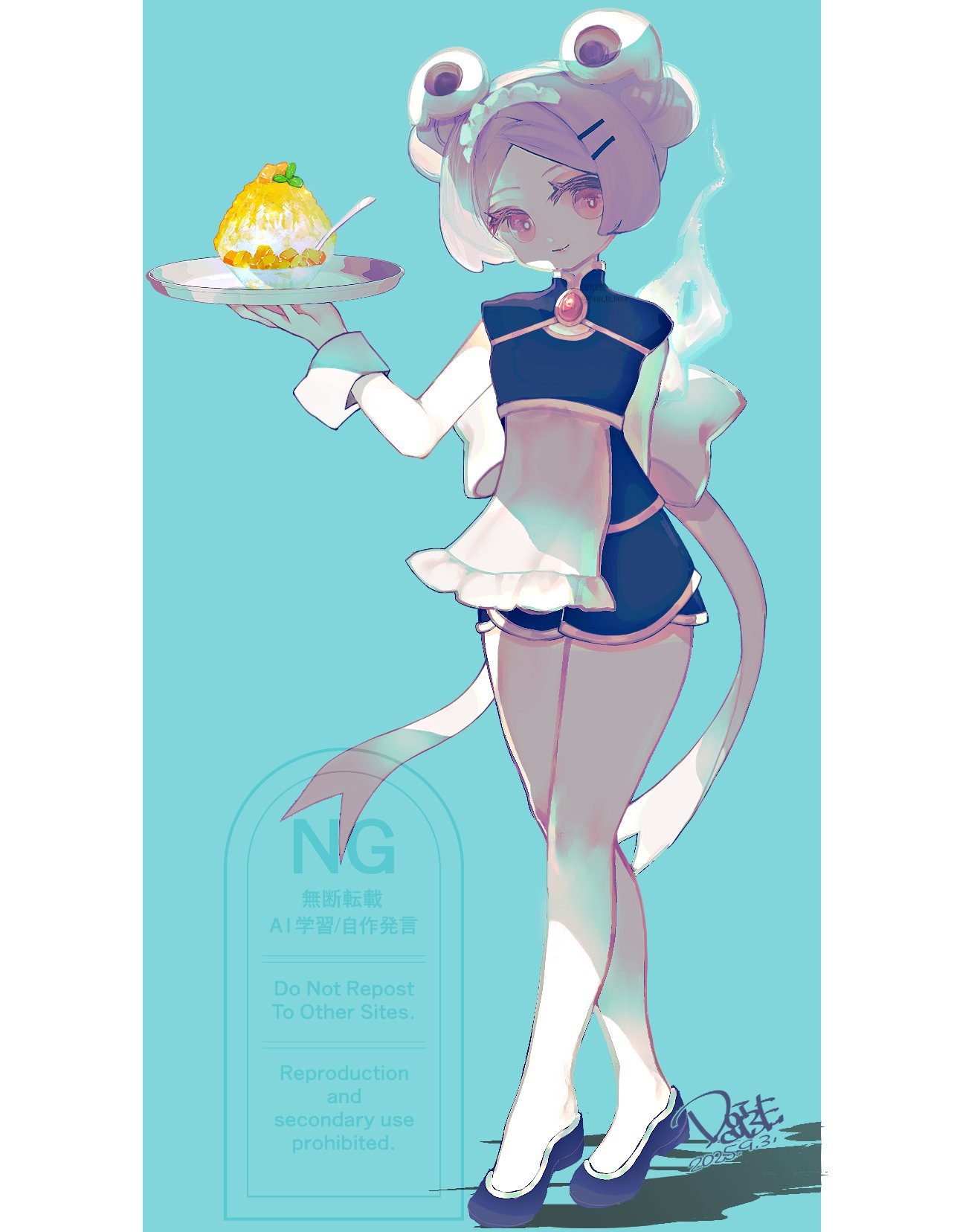 dotcube, bloody marie (skullgirls), skullgirls, 1girl, alternate costume, alternate hairstyle, apron, arm behind back, back bow, blue background, bow, brooch, double bun, food, full body, grey hair, hair bun, hair ornament, hand up, jewelry, parfait, red eyes, skirt, skull hair ornament, solo, spoon, tray, waist apron, walking, wrist cuffs