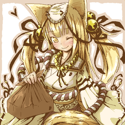 original, lowres, animal ears, bento, fox ears, jewelry, necklace, one eye closed, solo, twintails, wink