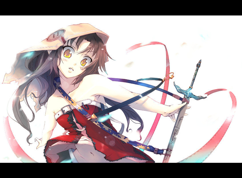 tamaki fuyu, original, 1girl, belt, brown hair, female focus, letterboxed, sheath, solo, sword, weapon, yellow eyes