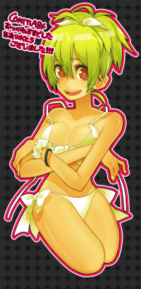 haruo (clownberry), original, 1girl, :d, bare shoulders, bikini, blonde hair, bracelet, brown eyes, collarbone, crossed arms, female focus, jewelry, looking at viewer, nail polish, open mouth, round teeth, short hair, side-tie bikini bottom, smile, solo, stomach, strap slip, swimsuit, teeth, white bikini, yellow nails