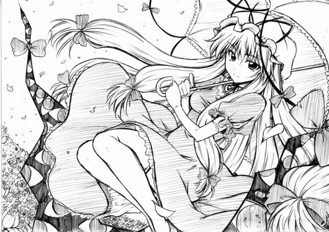 matsugami kurare, yakumo yukari, touhou, 1girl, female focus, gap (touhou), greyscale, hair ribbon, hat, long hair, monochrome, parasol, ribbon, solo, umbrella